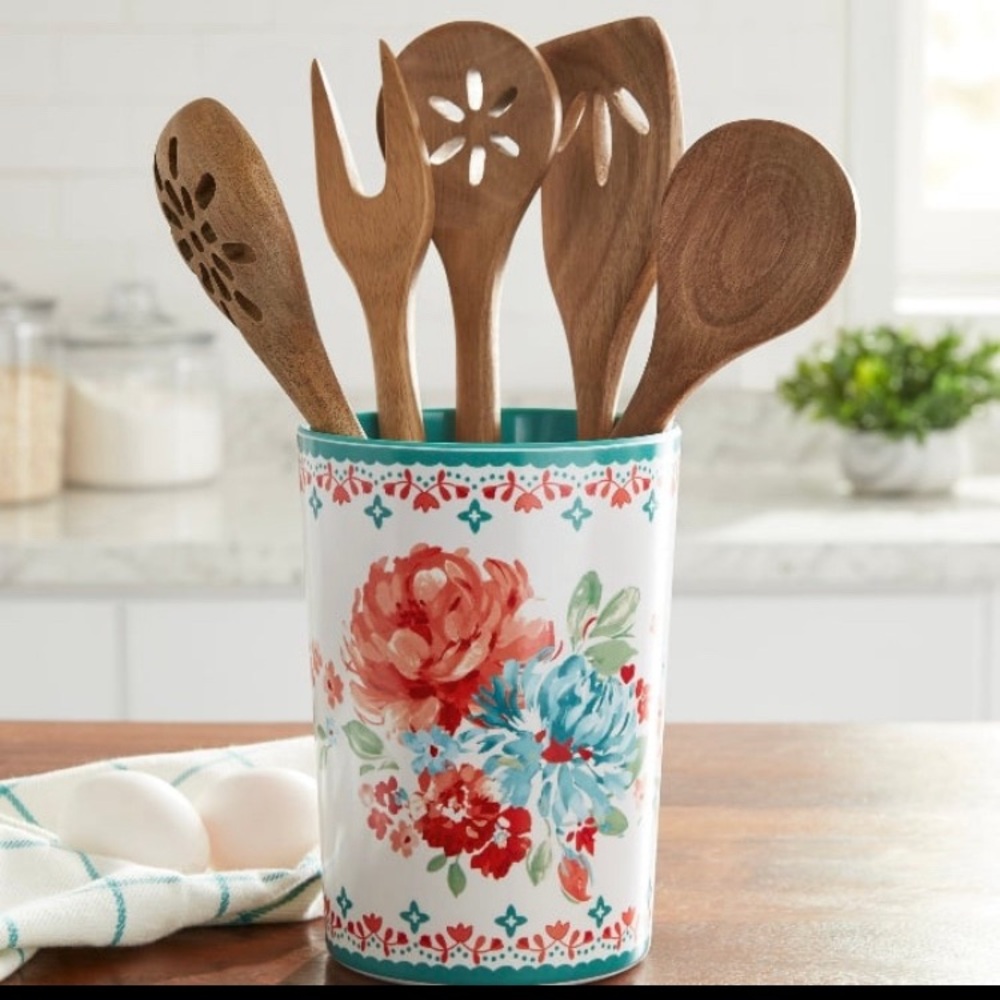 The Pioneer Woman Floral Utensil Holder with Wooden Tools - Red, Blue, Brown